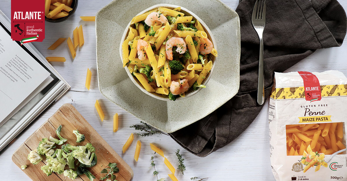 Maize penne with broccoli and shrimps | Atlante Brand